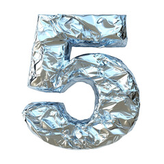 Top view of a 3D number 5 made of aluminum foil isolated on a white transparent background