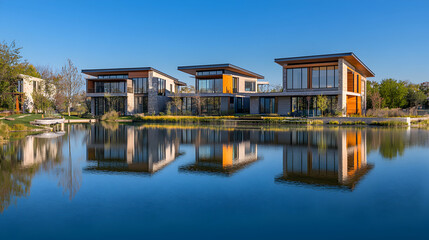 Obraz premium Modern Houses Reflected on Lake Blue Sky Contemporary Homes Architecture Exterior View Peaceful Serene Calm Tranquil Waterside Property