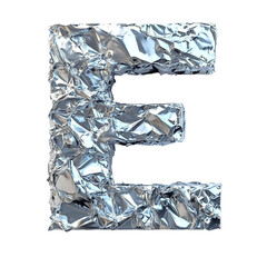 Top view of a 3D letter E made of aluminum foil isolated on a white transparent background