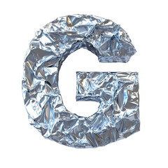 Top view of a 3D letter G made of aluminum foil isolated on a white transparent background
