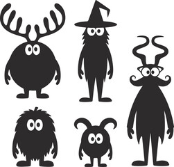 Collection of five quirky and friendly Halloween monster silhouettes, perfect for adding a playful touch to your designs.