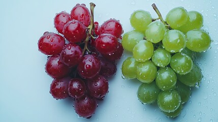 Close-up view of red and green grapes with water droplets.