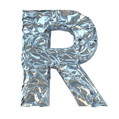 Top view of a 3D letter R made of aluminum foil isolated on a white transparent background