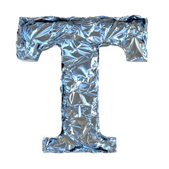Top view of a 3D letter T made of aluminum foil isolated on a white transparent background