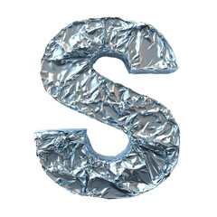 Top view of a 3D letter S made of aluminum foil isolated on a white transparent background