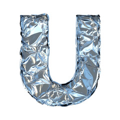 Top view of a 3D letter U made of aluminum foil isolated on a white transparent background