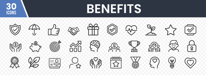 Set of 30 Benefits Icons Featuring Shields, Umbrellas, Thumbs-Up, Handshakes, Gifts, Hearts, Stars, Piggy Banks, Targets, Graphs, Brains, Trophies, and More for Advantage, Perks, and Rewards