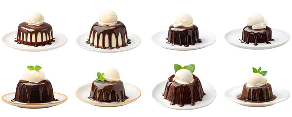 Collection of various a chocolate lava cake oozing with molten chocolate, served with a scoop of vanilla ice cream isolated on white transparent background PNG set