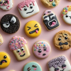 Colorful emoji shaped cookies arranged on a pastel backdrop, perfect for emoji day celebrations, wallpapers, or playful food themes.






