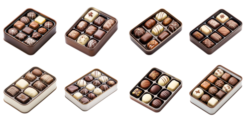 Collection of various a decorative tin box filled with assorted chocolates, featuring floral designs on the box isolated on white transparent background PNG set