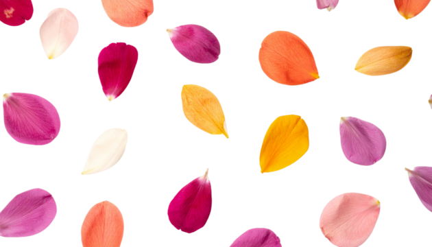 Colorful flower petals scattered against a black background, perfect for floral themes.
