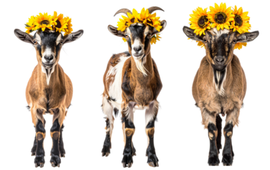 Three adorable goats adorned with vibrant sunflower crowns, showcasing playful charm.