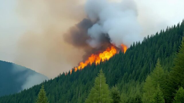 Intense wildfire blaze engulfs dense green forest hills under cloudy sky