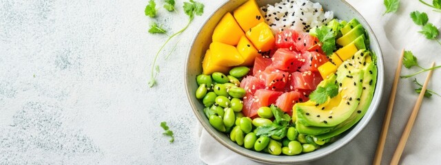 Colorful poke bowl with fresh ahi tuna and fruits on a textured tablecloth Generative AI