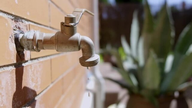 Close-Up of a Leaking Outdoor Faucet with Blurred Green Plants. slow motion