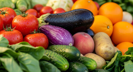 Vibrant, colorful close-up of a variety of fresh organic vegetables and fruits piled high at a farmer's market stall. Dew drops visible, rich textures, natural light. Abundance and healthy eating them