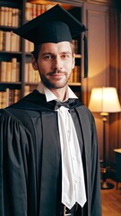 Graduate wearing academic regalia posing confidently in library, symbolizing scholarly success and personal accomplishment after intense academic journey