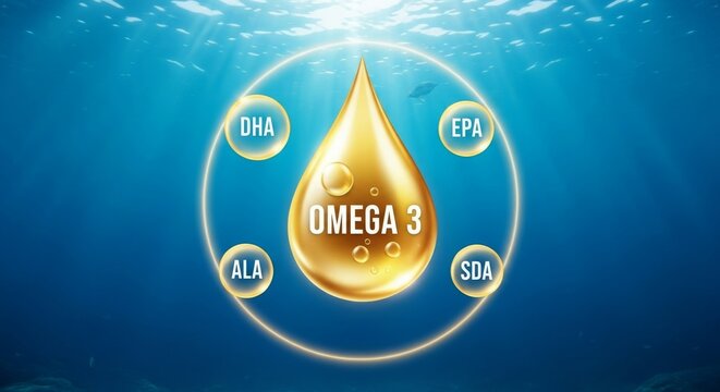 Illustration of Omega-3 fatty acids highlighting DHA, EPA, ALA, and SDA in a water-themed design.