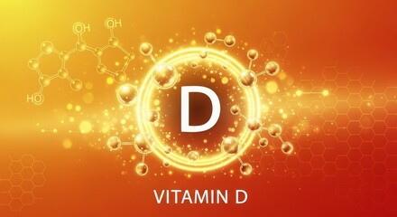 A vibrant graphic representing Vitamin D with molecular structures and a glowing background.