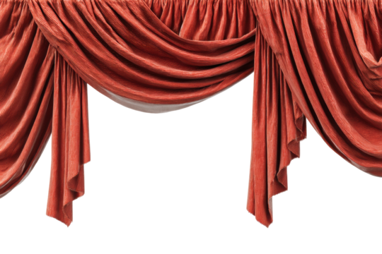 PNG Elegant red velvet theater curtains with dramatic drapes and folds on black background - Powered by Adobe