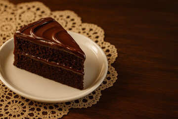 Decadent Delight: A triangular slice of rich, dark chocolate cake, adorned with a luscious, chocolate frosting and artfully presented on a white plate over an ornate placemat.