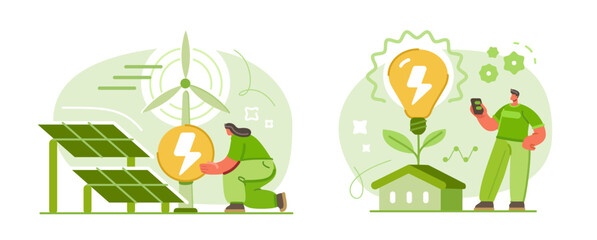 Green electricity eco concept. Energy efficiency. Wind turbines and solar panels