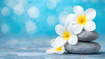 Relaxing spa experience with frangipani flowers and smooth stones tranquil beach environment nature photography close-up view serenity and calmness