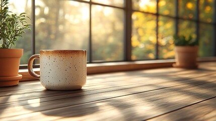 Warm morning sunlight streams through a window onto a wooden surface where a coffee mug and plants sit.