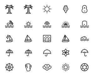 Summer vacation icons set beach holiday travel symbols vector graphic design elements for web and print 100 px