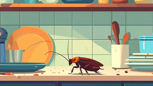 Cartoon cockroach on a messy kitchen counter