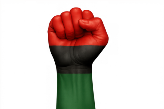Hand with clenched fist painted in the colors of the pan-african flag, symbolizing black liberation, power, and unity, isolated on a transparent background