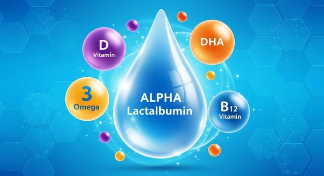 Graphic illustrating nutrients like Alpha Lactalbumin, DHA, Omega-3, and vitamins.