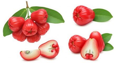 A cluster of red fruits with leaves, showcasing whole and sliced views.
