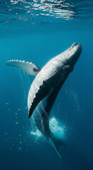Humpback Whale Underwater in Blue Ocean