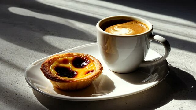 A cozy table setting featuring a freshly brewed coffee cup and a custard tart with shadows