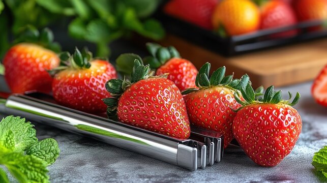 Fresh ripe strawberries with a huller on a table.