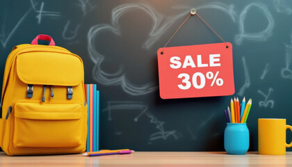 A bright yellow backpack sits next to colorful stationery in a classroom, with a red sign announcing a 30 discount hanging on the blackboard. The atmosphere is vibrant and inviting