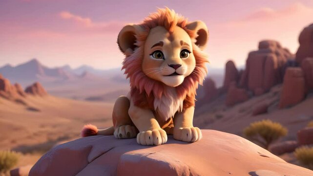 A lion cub with a big, fluffy mane and bright eyes sits and talks confidently on a rock outcropping.
