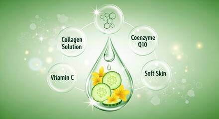Graphic illustration of skincare ingredients, highlighting benefits for soft skin.