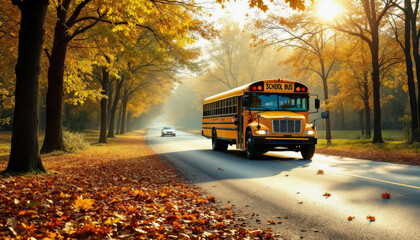 Obraz premium A yellow school bus travels along a scenic road surrounded by tall trees with vibrant autumn leaves. Sunlight filters through branches, creating a warm glow
