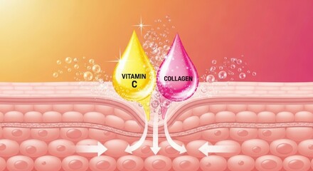 Illustration showing Vitamin C and Collagen targeting skin layers for skincare benefits.