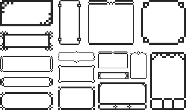 Pixel art UI frame and window border set for retro video game interfaces, dialog boxes, and menu screens in 8-bit black and white style for digital design and asset creation

