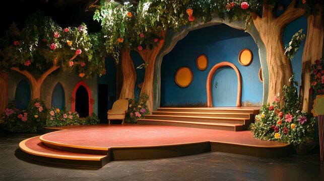 A children's school play stage with handmade props and scenery