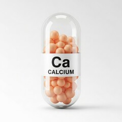 A transparent capsule filled with orange spheres labeled as calcium.