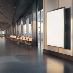 A white sign is on a wall in a large airport terminal