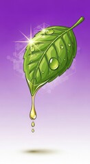 A vibrant green leaf with water droplets and a golden drop, symbolizing nature and purity.