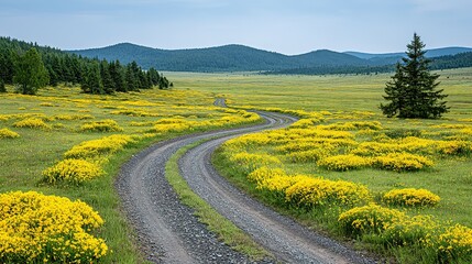 Naklejka premium Winding dirt road through a meadow blanketed in wildflowers.