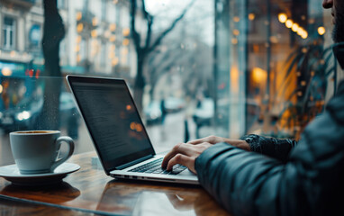  Person typing on laptop inside cozy cafe. Remote work concept. 