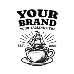 Unique vintage logo featuring a sailing ship inside a coffee cup with sunburst lines. Ideal for café branding, coffee shops, nautical businesses, or creative lifestyle merchandise.