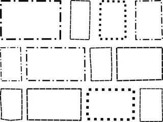 Set of irregular dashed and dotted rectangle vector frames, ideal for abstract layouts, modern design elements, and creative digital borders in web or graphic interfaces.

